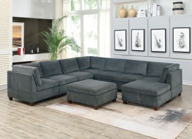 Living Room Furniture Grey Chenille Modular Sectional 9pc Set Large Family U- Sectional Modern Couch 3x Corner Wedge 4x Armless Chairs and 2x Ott