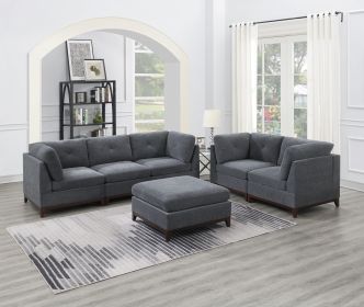 Ash Grey Chenille Fabric Modular Sofa Set 6pc Set Living Room Furniture Couch Sofa Loveseat 4x Corner Wedge 1x Armless Chair and 1x Ottoman Tufte