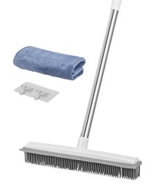 Pet Hair Removal Broom 58.46 In Adjustable Long Handle Pet Hair Rubber Broom (Color: White)