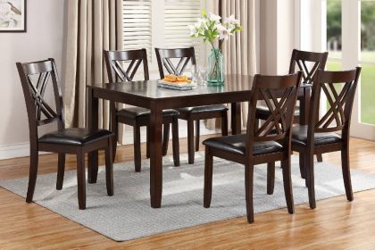 7pcs Dining Set Dining Table 6 Side Chairs Clean Espresso Finish Cushion Seats X Design Back Chairs (Option: Espresso)