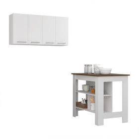 Burlingame 5-Shelf 4-Door 2-piece Kitchen Set, Kitchen Island And Upper Wall Cabinet White And Walnut (Color: White)