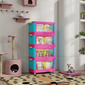 Happy Color, 20 Side Wide Folding Storage Cabinet ,4 Tiers,19.69x11.81x40.55,Collapsible Storage Bins With Magnetic Door, Plastic Storage Cabinet (Option: BluePink)