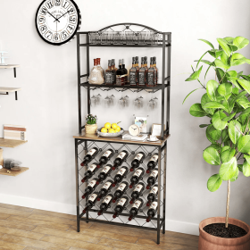 Freestanding Floor Wine Rack,Tall Wine Holder Stand With Wine Glass Holder,Storage Shelves (Color: Black)