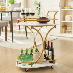 A Golden Wine Cart With Glass Shelves On The 2nd Floor Bar (Color: Gold)