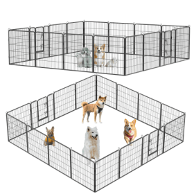 Dog Pens Outdoor 32 Height Foldable 16 Panels Heavy Duty Metal Portable Dog Playpen Indoor Anti Rust Exercise Dog Fence With Doors (Color: Black)