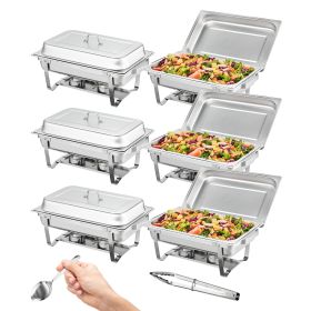 VEVOR Chafing Dish Buffet Set, 8 Qt 6 Pack, Stainless Chafer With 6 Full Size Pans, Rectangle Catering Warmer Server With Lid Water Pan Folding S (Color: Silver)